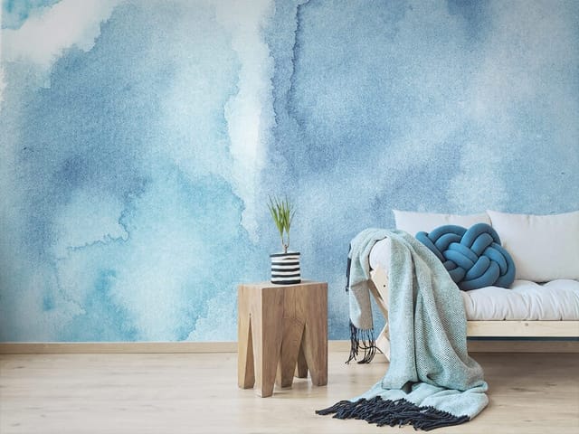 Fototapeta z abstrakcyjnymi niebieskimi plamami akwareli o różnych odcieniach