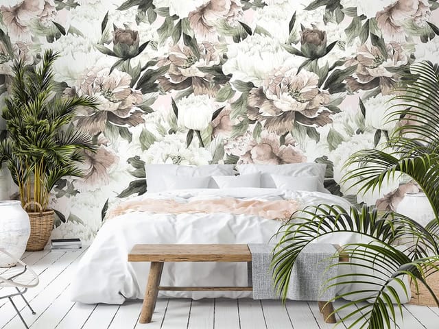 Fototapeta z dużymi kwiatami piwonii i delikatnymi liśćmi