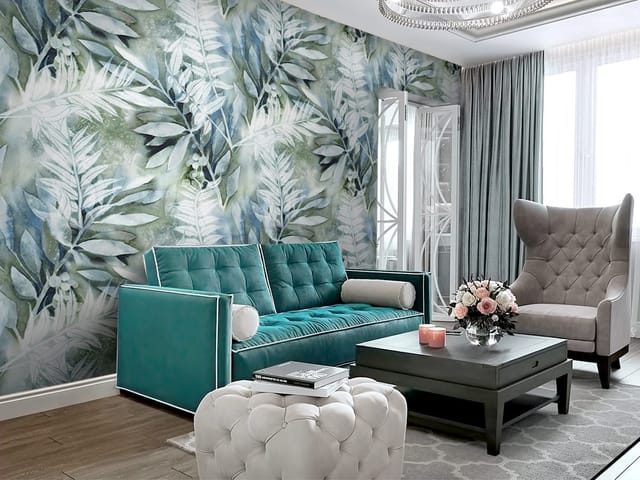 Fototapeta z dużymi liśćmi w różnych odcieniach zieleni i niebieskiego