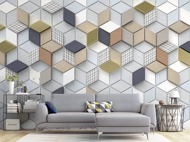 Fototapeta z trójwymiarowymi sześcianami w beżu, szarości i bieli