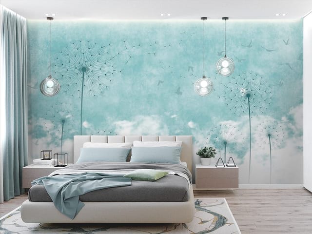 Fototapeta z dmuchawcami na tle nieba i unoszącymi się nasionami