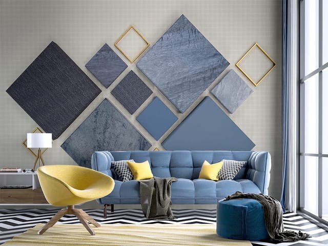 Fototapeta z geometrycznymi kształtami i metalowymi ramkami na szarym tle