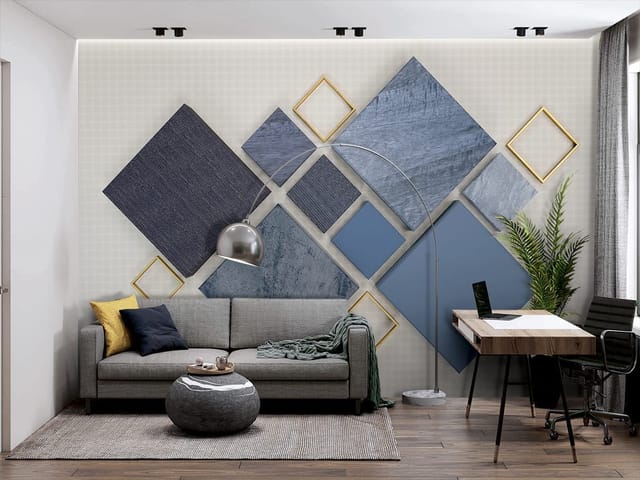 Fototapeta z geometrycznymi kształtami i metalowymi ramkami na szarym tle