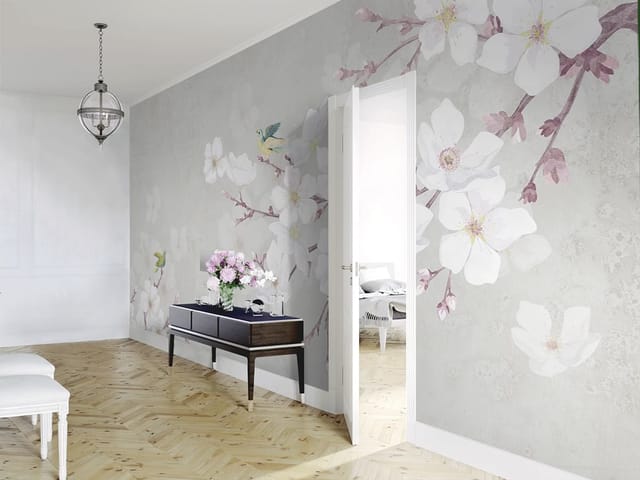 Fototapeta z gałęziami sakury i białymi kwiatami na jasnym tle