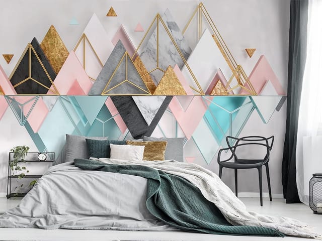 Fototapeta Geometryczne Góry z Marmurem (kod: 24629) Fototapeta z geometrycznymi kształtami gór, złotymi liniami i marmurowymi teksturami