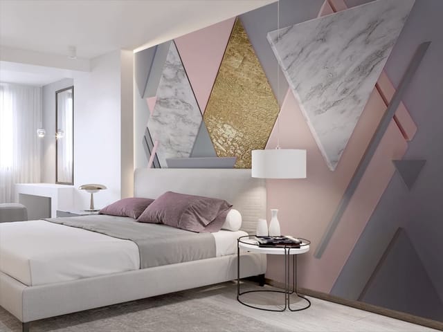 Fototapeta z geometrycznymi kształtami, marmurowymi trójkątami i złotym rombem