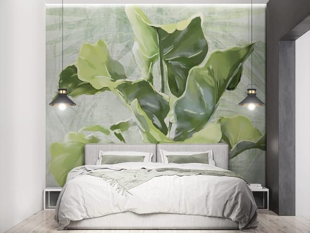 Fototapeta Zielone liście na jasnym tle (kod: 24632) Fototapeta z dużymi zielonymi liśćmi na jasnym tle z delikatnym wzorem