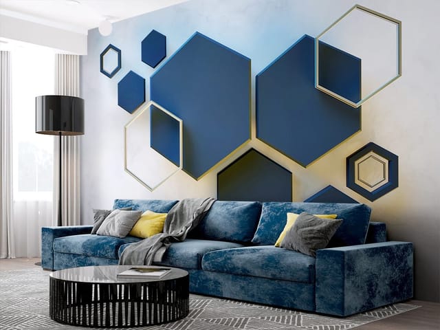 Fototapeta z ciemnymi sześciokątami na jasnym, marmurowym tle z złotymi konturami