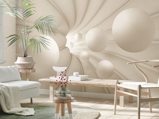 Fototapeta z białymi kulami unoszącymi się w spiralnym tunelu