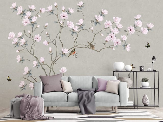 Fototapeta z gałęzią magnolii i różowymi kwiatami na szarym tle