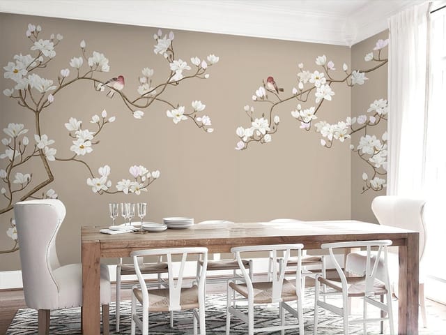 Fototapeta z gałązkami magnolii i ptakami na beżowym tle