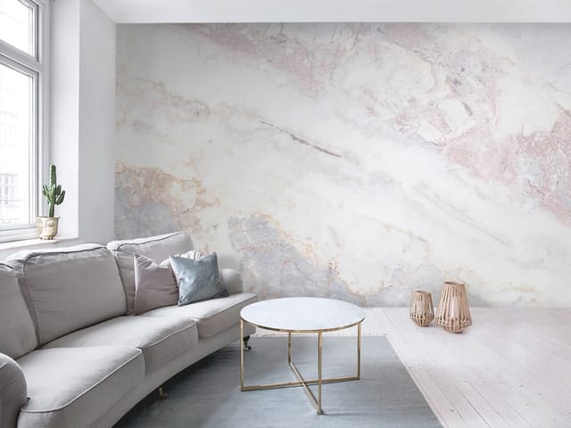 Fototapeta Marmurowa Tekstura z Żyłkami (kod: 24674) Fototapeta z teksturą marmuru, białe i szare pasy, różowe akcenty