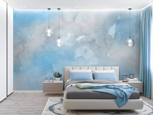 Fototapeta z abstrakcyjnym niebieskim tłem akwarelowym, pełna rozmytych plam i przejść kolorów.