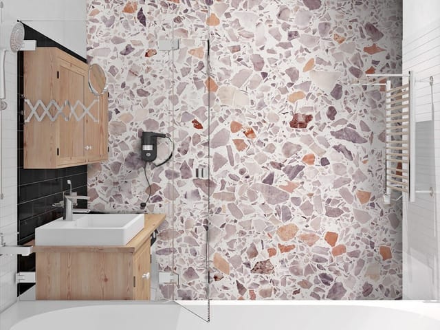 Fototapeta z wzorem terazzo, różnorodne kamienie na jasnym tle