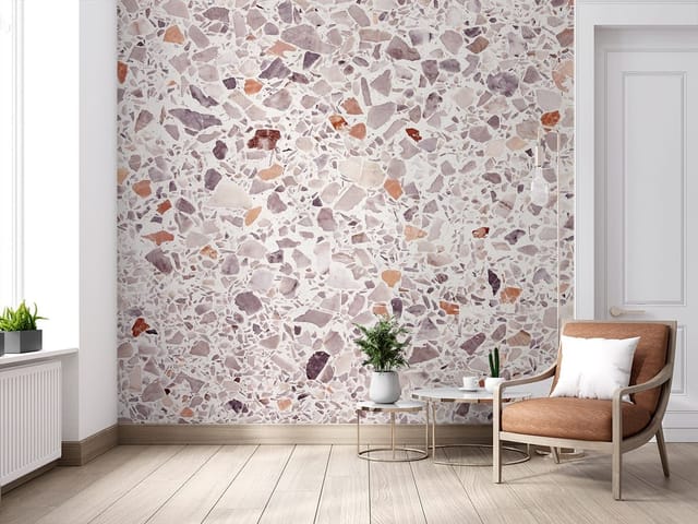 Fototapeta z wzorem terazzo, różnorodne kamienie na jasnym tle