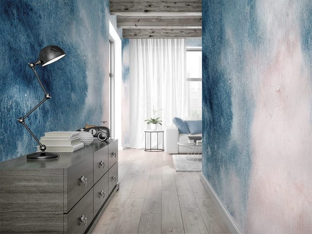 Fototapeta z abstrakcyjnym wzorem akwarelowym i rozmytymi plamami niebieskiego