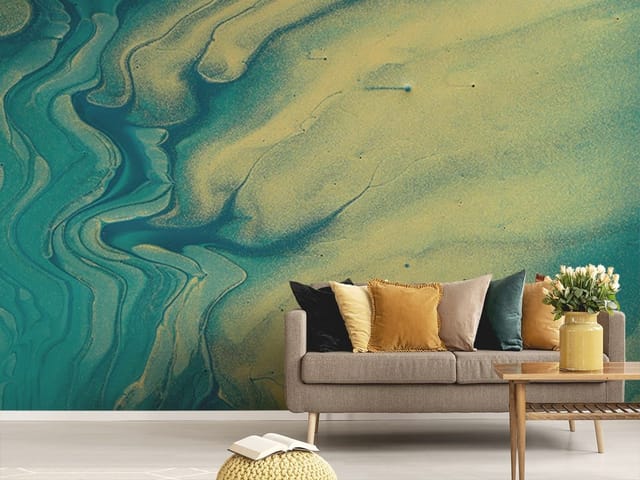 Fototapeta z abstrakcyjnymi wzorami w odcieniach zieleni i żółtymi akcentami