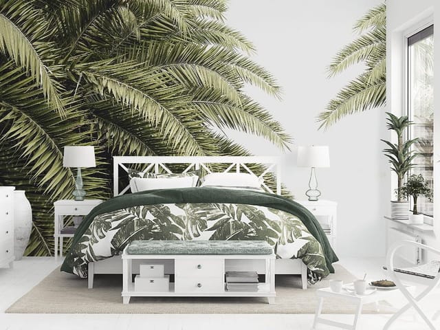 Fototapeta z zielonymi liśćmi palmowymi na tle jasnego nieba