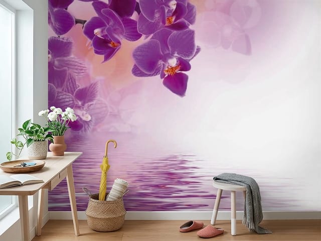 Fototapeta Fioletowe orchidee nad wodą (mpn: FT-2482) Fototapeta storczyki – fioletowe orchidee nad wodą