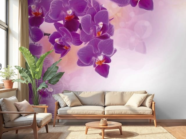 Fototapeta Fioletowe orchidee nad wodą (mpn: FT-2482) Fototapeta storczyki – fioletowe orchidee nad wodą