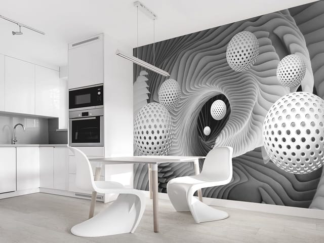 Fototapeta z białymi perforowanymi kulami w tunelu z falistymi strukturami