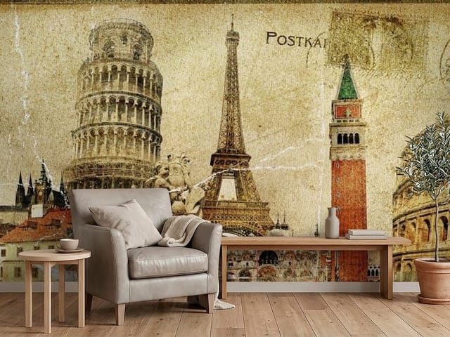 Fototapeta Murale miejskie – znane europejskie zabytki na tle pocztówki