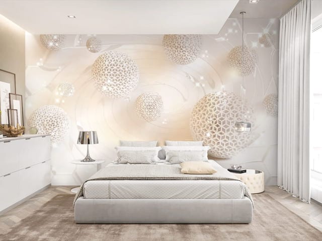 Fototapeta Geometryczne kule z ażurowym wzorem (kod: 24961) Fototapeta z geometrycznymi kulami i spiralnym tłem na jasnym tle