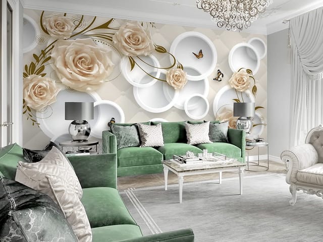 Fototapeta Kremowe róże i białe okręgi