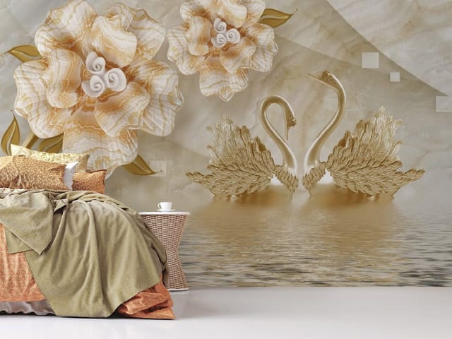 Fototapeta Dekoracyjne kwiaty i łabędzie