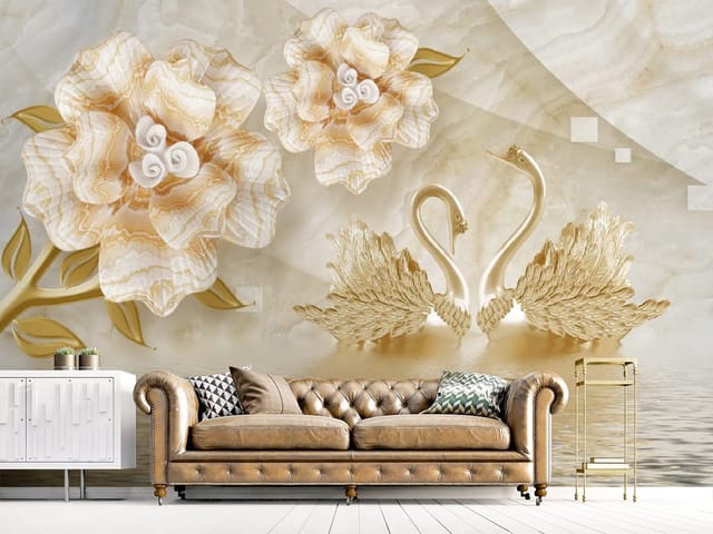 Fototapeta Dekoracyjne kwiaty i łabędzie