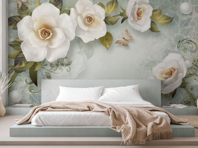 Fototapeta Białe róże z zielonymi liśćmi