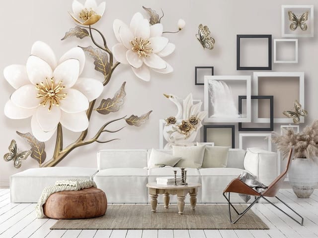 Fototapeta Białe kwiaty i wodospady w ramkach (kod: 25130) Fototapeta Białe kwiaty i wodospady w ramkach