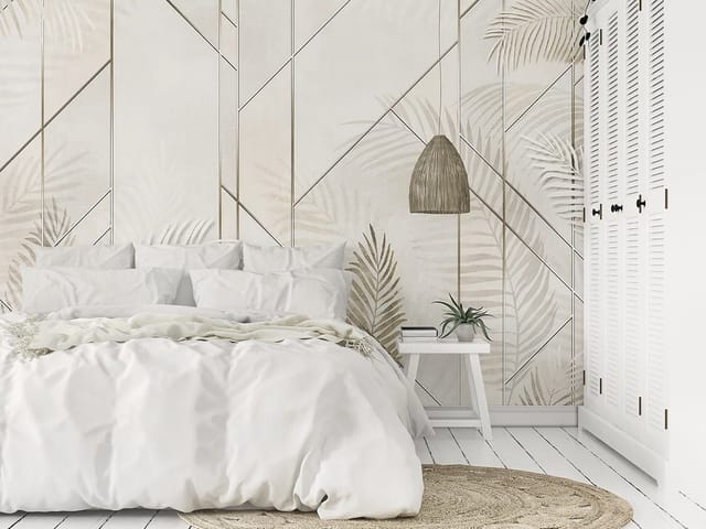 Fototapeta z liśćmi palmowymi na geometrycznym tle, jasne barwy