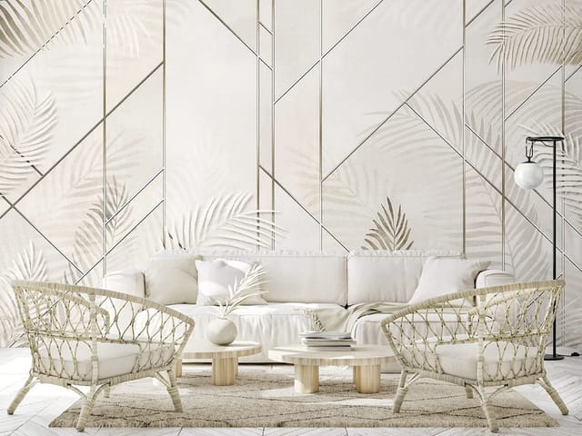 Fototapeta z liśćmi palmowymi na geometrycznym tle, jasne barwy