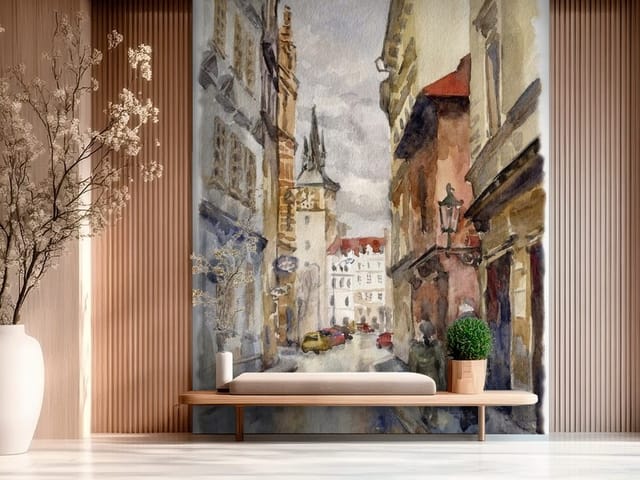 Fototapeta Ulica z kamienicami i wieżą (mpn: FT-2514) Fototapeta Ilustracje miast – ulica z kamienicami i wieżą