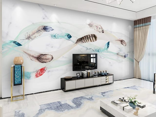 Fototapeta z różnokolorowymi piórami na białym tle, delikatne linie