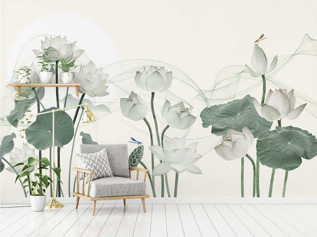 Fototapeta z białymi kwiatami lotosu i zielonymi liśćmi na jasnym tle