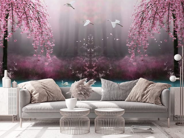 Fototapeta z różowymi kwiatami na drzewach, mgłą i wodą