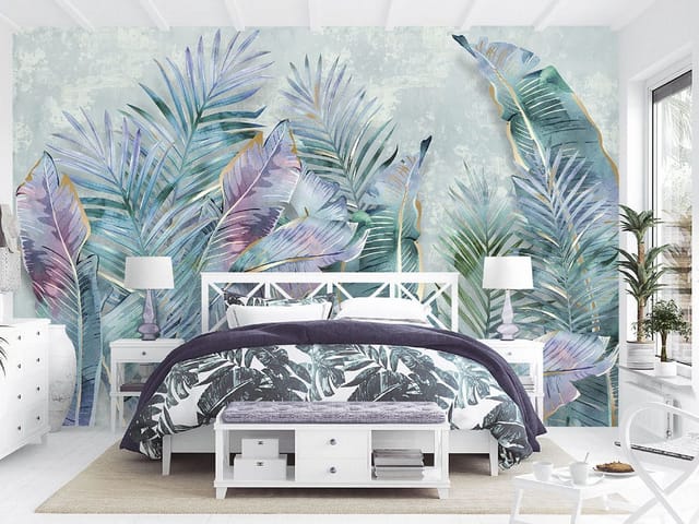 Fototapeta z kolorowymi liśćmi tropikalnymi na jasnym tle