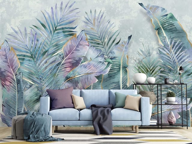 Fototapeta z kolorowymi liśćmi tropikalnymi na jasnym tle