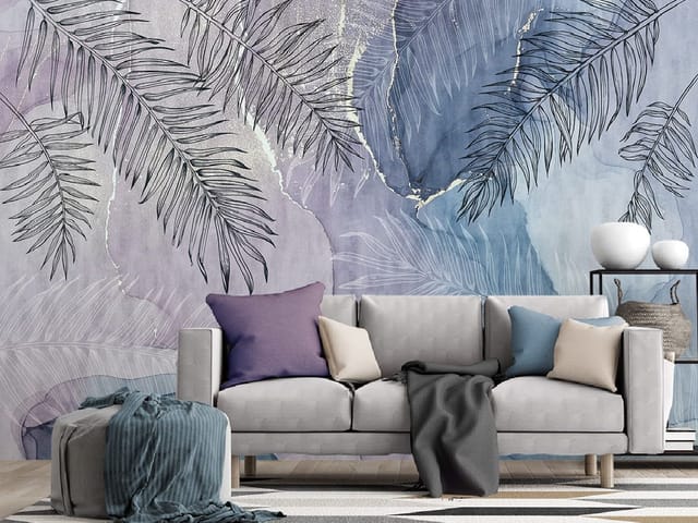 Fototapeta z dużymi liśćmi palmowymi na tle w fioletowych i niebieskich odcieniach