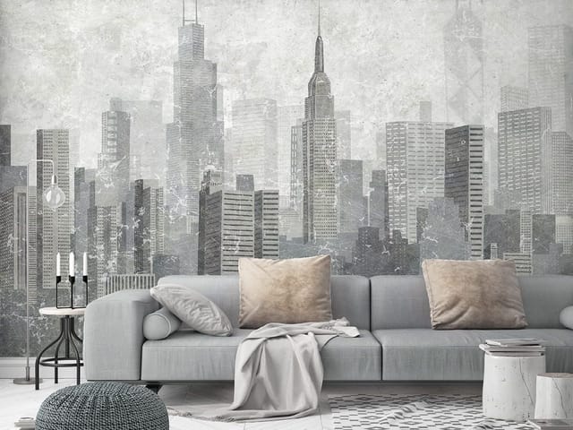 Fototapeta z panoramą miasta, wieżowce o różnorodnych kształtach na tle jasnego nieba