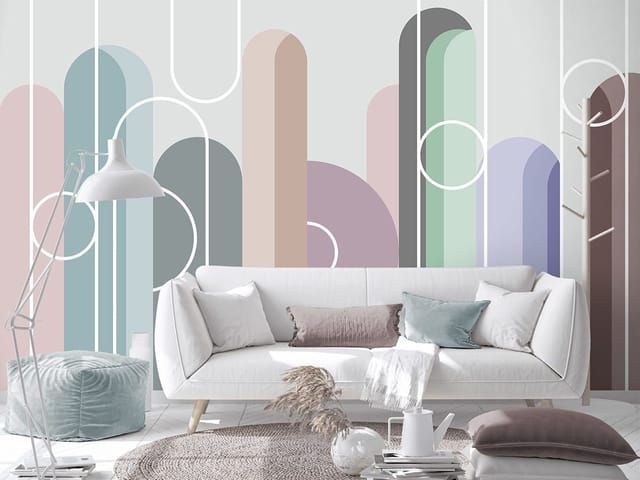 Fototapeta z kolorowymi pionowymi kształtami geometrycznymi na szarym tle