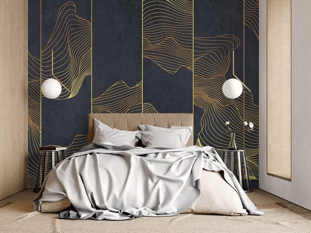 Fototapeta z złotymi falistymi liniami na ciemnym tle, geometryczne wzory