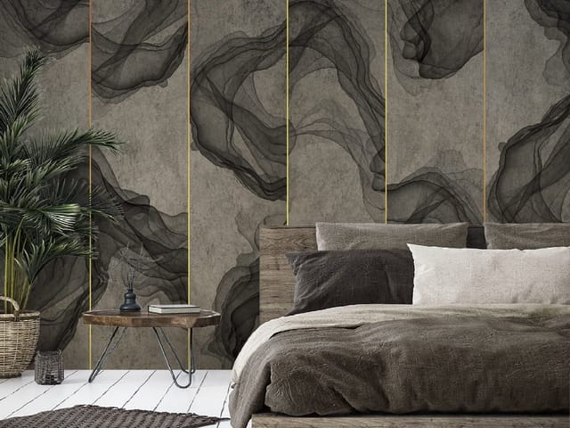 Fototapeta z abstrakcyjnymi czarnymi falami na szarym tle i złotymi liniami