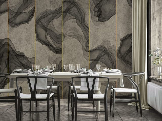 Fototapeta z abstrakcyjnymi czarnymi falami na szarym tle i złotymi liniami