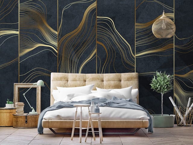 Fototapeta z falistymi złotymi liniami na ciemnym, teksturowanym tle