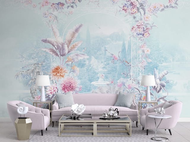 Fototapeta z kwiatami, pawiem i dekoracyjnym łukiem w ogrodzie