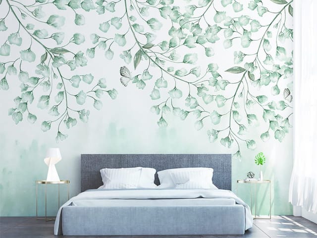 Fototapeta Gałęzie z Liśćmi i Kwiatami (kod: 25427) Fototapeta z gałęziami, liśćmi i delikatnymi kwiatami na akwarelowym tle