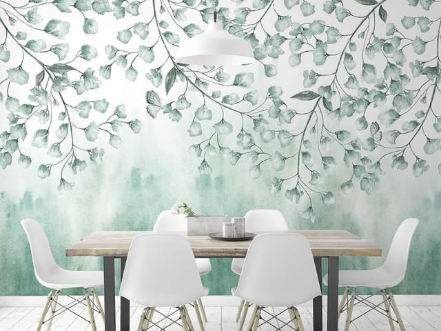 Fototapeta z gałęziami, liśćmi i delikatnymi kwiatami na akwarelowym tle